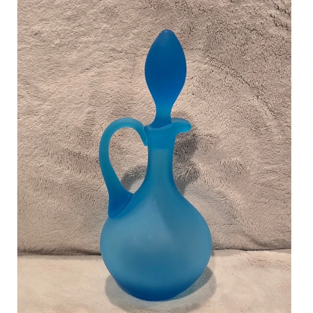 Vintage Frosted Blue Satin Glass Decanter with Stopper Hand Blown Art Glass Ewer